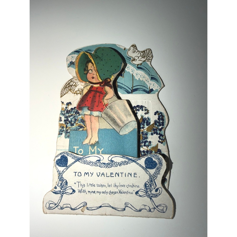 VTG Valentine Card Blue Girl with Pail Mechanical Pop Up Ephemera Junk‎ Journal